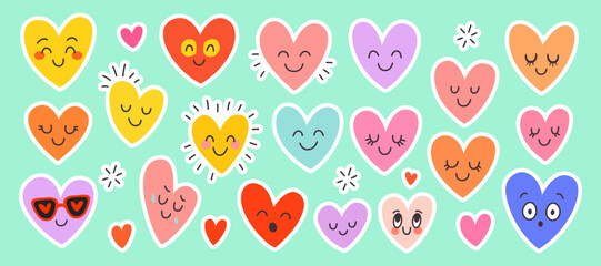 Colorful smiling hearts with playful expressions, cute cartoon characters in vibrant vector set for Valentine&rsquo;s Day design, love symbols full of joy, affection and happiness