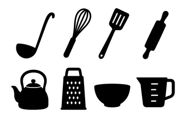 Silhouette kitchen utensils collection: essential tools for cooking and baking