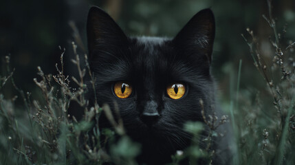 Black cat with striking amber eyes resting in lush green grass during twilight hours in a serene outdoor setting