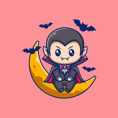 vampire sitting on a crescent moon cute cool cartoon vector hand drawn