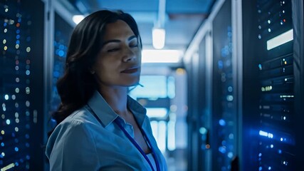 Server room technician observing glowing equipment in a corridor, profile view - Powered by Adobe