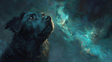 Black dog gazing at a swirling nebula in a cosmic landscape at twilight