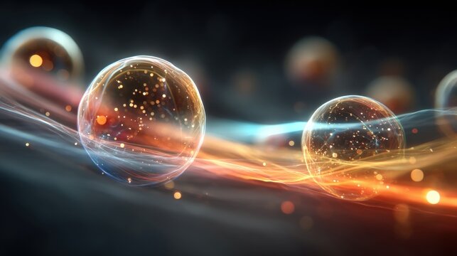 Abstract glowing spheres with light trails, representing cells or molecules in a scientific or technological context