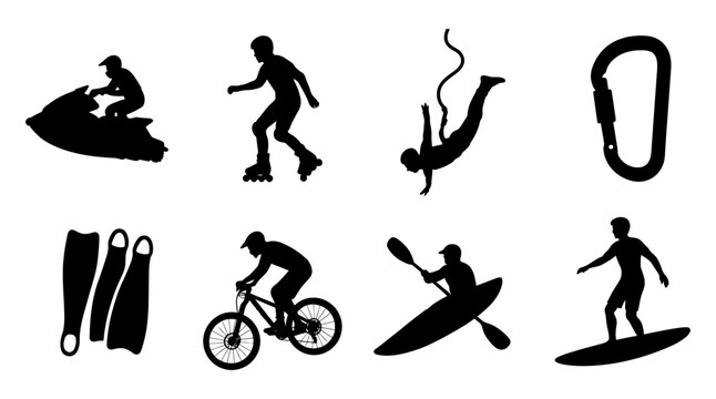 Adventure sport icons: silhouette collection of outdoor activity figures - Powered by Adobe