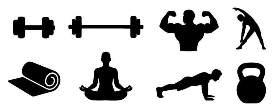 Fitness icons set: yoga, strength, and exercise silhouettes for wellness designs