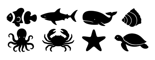 Fototapeta premium Black silhouette marine animals set: fish, shark, whale, shell, octopus, crab, starfish, turtle