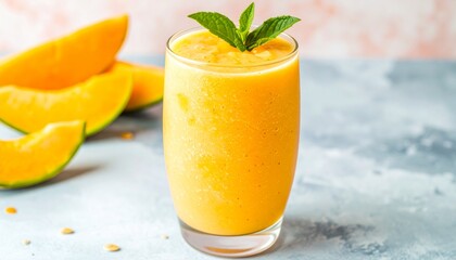 Refreshing Cantaloupe Smoothie with Mint Garnish on Marble Surface