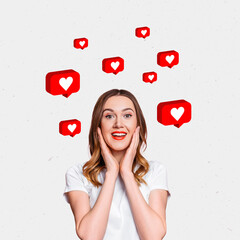 portrait of a young shocked woman with like icons composite collage