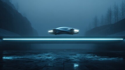 Obraz premium Futuristic flying car glides over neon road, misty landscape