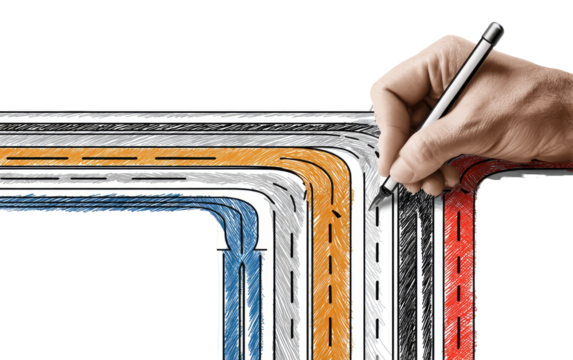 Hand drawing multiple paths on a wide, layered design