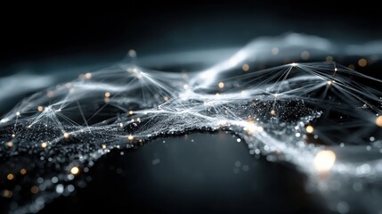 Abstract glowing network of interconnected particles and lines, representing data, technology, and communication in a futuristic digital space
