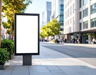 A blank, vertical billboard mockup standing on a city sidewalk. The clean, empty display is ready for your ad, placed against a backdrop of a modern urban street with blurred buildings and trees.