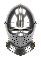 A medieval knights steel helmet, intricately designed with a visor and protective gorget, isolated a