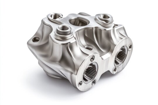 Intricate metal component with hexagonal bolts on white background