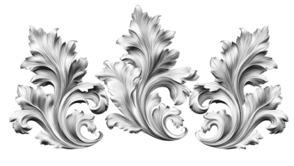 Ornate, stylized, three-part, leaf-like, decorative flourishes