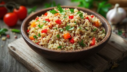Savory Quinoa Bowl With Herbs, Peppers, And Tomato On A Rustic Wooden Board: A Protein-Packed Vegetarian Delight Full Of Nutrients.
