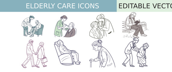 Healthcare and Elderly Care Icon Set Vector Illustration