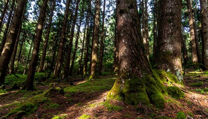 Obraz premium Sunlight filters through a dense forest, illuminating the mossy forest floor and towering tree trunks.