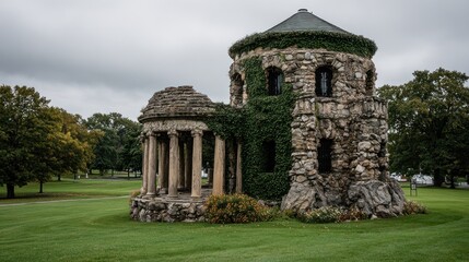 Fototapeta premium Stone gazebo, overgrown with vines, in a park