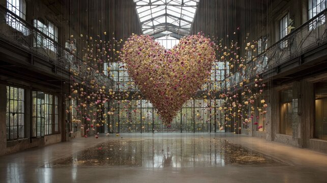 Giant heart of flowers, hangs in industrial space - Powered by Adobe