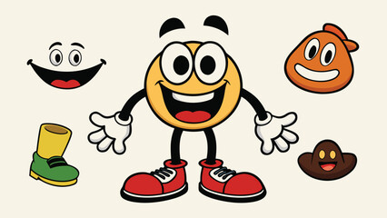 Cheerful cartoon characters with expressive faces and colorful accessories smiley face