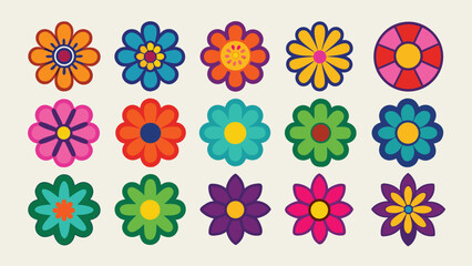 Colorful retro flowers with bold outlines and geometric petals vintage floral