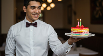 Young man presenting colorful birthday cake with candles in restaurant. Cheerful waiter serving birthday dessert