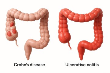 Side-by-side 3D render of colon models. Left shows Crohn’s disease with patchy red lesions, right shows ulcerative colitis with continuous inflammation along colon, schematic medical-art clarity.