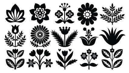 Black floral motifs and botanical elements decorative stylized