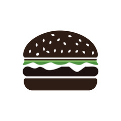 Dark brown burger with green lettuce and white seeds hamburger food