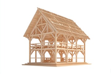 Wooden building structure with exposed framework.