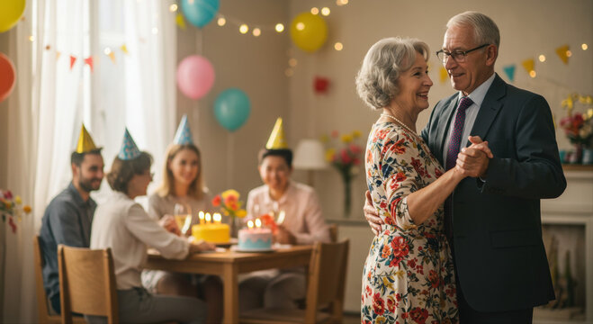 Elderly couple dancing happily at birthday party indoors with friends  