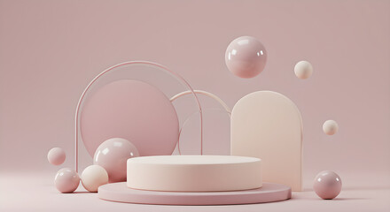 Elegant Minimalist Pastel Pink Product Display Podium with Geometric Spheres and Arches Background