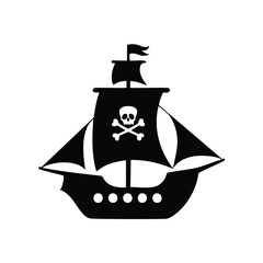 Black pirate ship with skull and crossbones flag sailing ship black and white