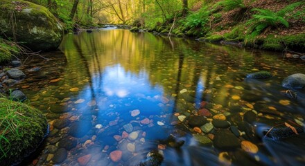 Crystal Clear Forest Stream Reveals Colorful Pebbles and a Perfect Sky Reflection
