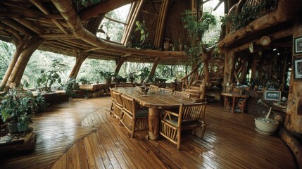 Wooden interior, open-plan,  dining room, with  natural light