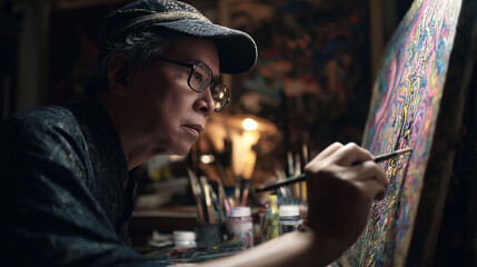 Passion and dedication: Elderly man concentrating on his creative painting hobby in a workshop