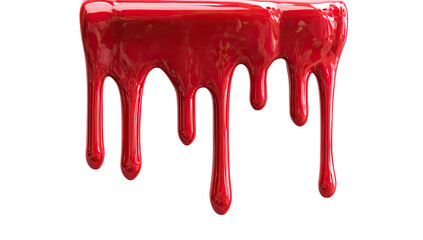 Red liquid drips from a rectangular source, against a black background.  Viscous, glossy red substance flows downwards in a series of dripping streams