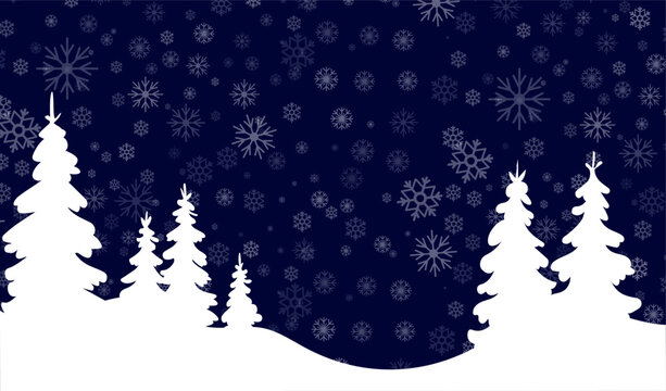 Vector illustration showcases a serene winter landscape featuring tall evergreen trees silhouetted against a deep blue background