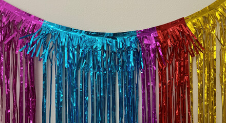 Colorful metallic tassel garland foil fringe in pink, blue, red, and yellow 