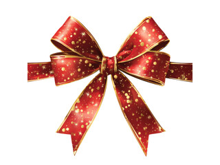 Festive red ribbon bow with gold glitter and polka dot pattern on black image, Isolated, Png Transparent Background
