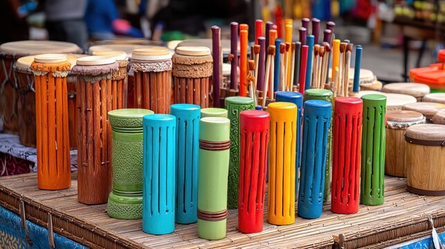 Colorful hand drums and sticks displayed at market - Powered by Adobe