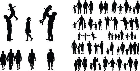 Black family silhouettes of parents and children in various poses, walking, playing, holding hands, symbolizing love, unity, relationships, togetherness