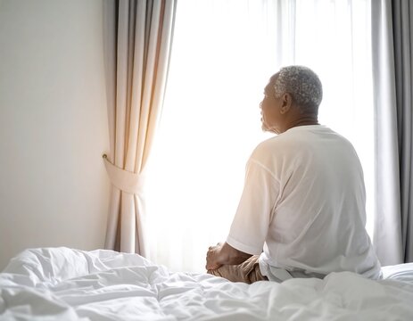 Elderly man sits with gazing out window.