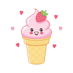 Kawaii strawberry ice cream cone with hearts pink
