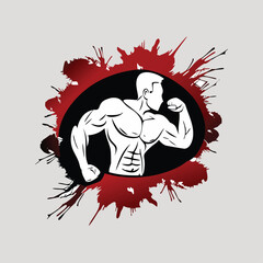 Muscular man flexing arm within red ink splash bodybuilder black oval