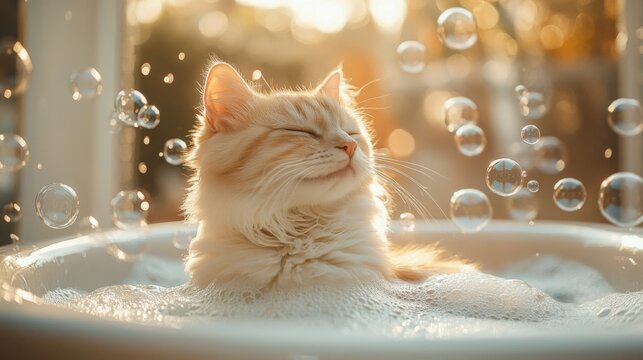 Cat enjoying bubble bath in warm sunlight with playful water bubbles around