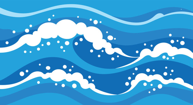 A stylized illustration of ocean waves with white foam and spray on blue background