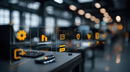 Futuristic holographic interface displaying data and analytics on a desk in a modern office setting, representing technology and innovation