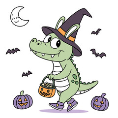 Vector illustration of a Silly Crocodile with wearing bunny slippers, styled in a Halloween theme using Spooky Fun colors